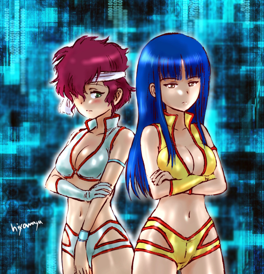 2girls akiyama_yoshiko blue_hair breasts cosplay crossed_arms dirty_pair girls_und_panzer green_eyes hair_over_one_eye headband highres kei_(dirty_pair) kei_(dirty_pair)_(cosplay) multiple_girls nishizumi_shiho redhead wee259hiyama white_headband yuri_(dirty_pair) yuri_(dirty_pair)_(cosplay)