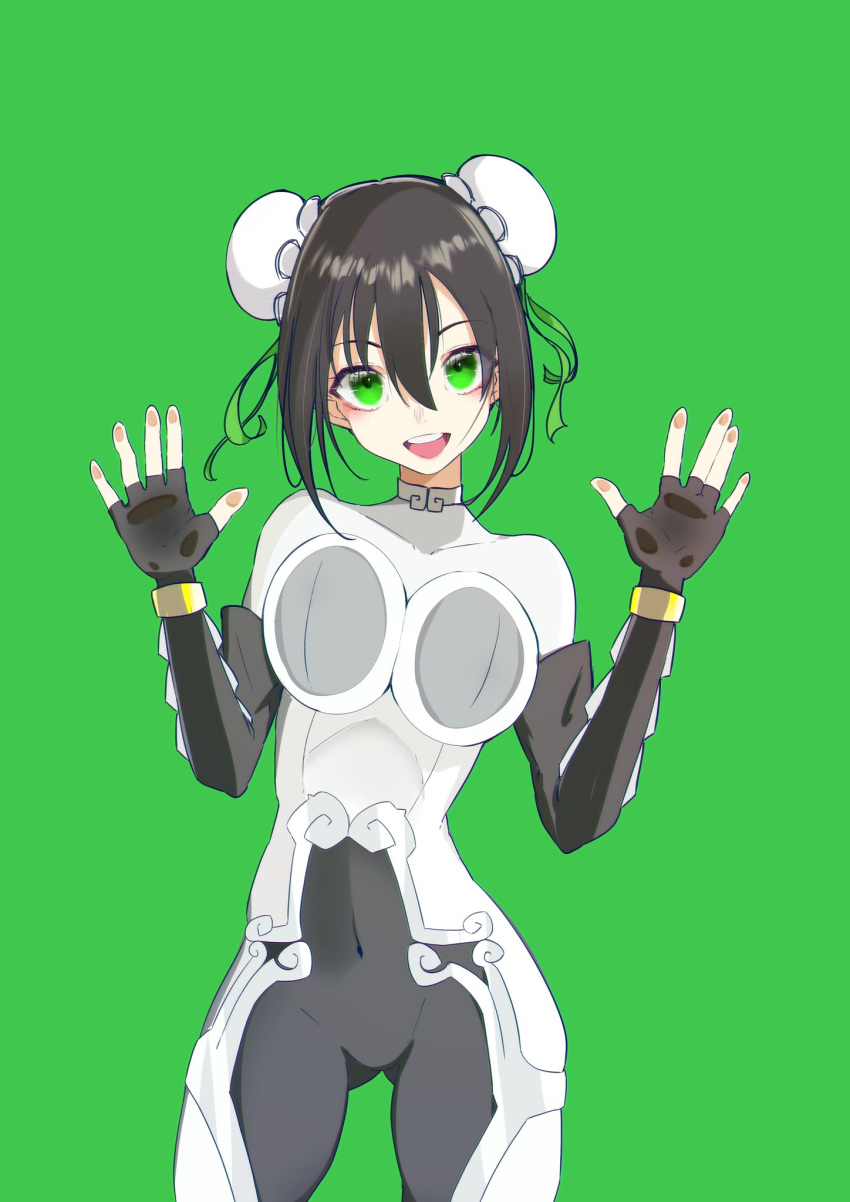 1girl :d against_fourth_wall black_hair bodysuit breast_press covered_navel double_bun elbow_gloves fate/grand_order fate_(series) fingerless_gloves gloves green_background green_eyes hair_between_eyes highres ofudou open_mouth qin_liangyu_(fate) simple_background smile solo teeth