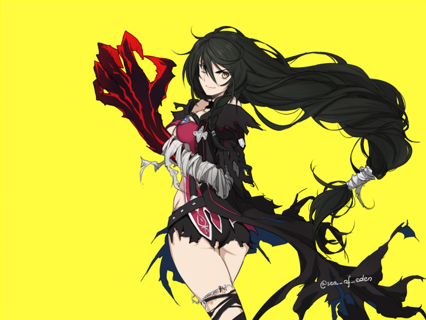 1girl ass bandaged_arm bandages black_choker black_hair breasts brown_eyes choker claws commentary from_behind hair_between_eyes long_hair low-tied_long_hair medium_breasts messy_hair oversized_limbs shorts smile solo tales_of_(series) tales_of_berseria torn_clothes torn_legwear torn_shorts tusia twitter_username velvet_crowe very_long_hair yellow_background