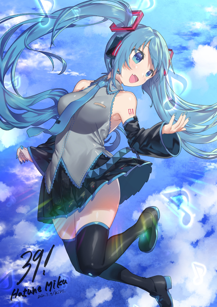 1girl 39 absurdres black_legwear black_skirt black_sleeves blue_eyes blue_hair breasts character_name clouds dated detached_sleeves fang floating_hair grey_shirt hatsune_miku headset highres kirisaki_(miku-azu-2525) long_hair medium_breasts musical_note nail_polish necktie open_mouth pleated_skirt shirt skirt sky sleeveless sleeveless_shirt solo thigh-highs twintails very_long_hair vocaloid