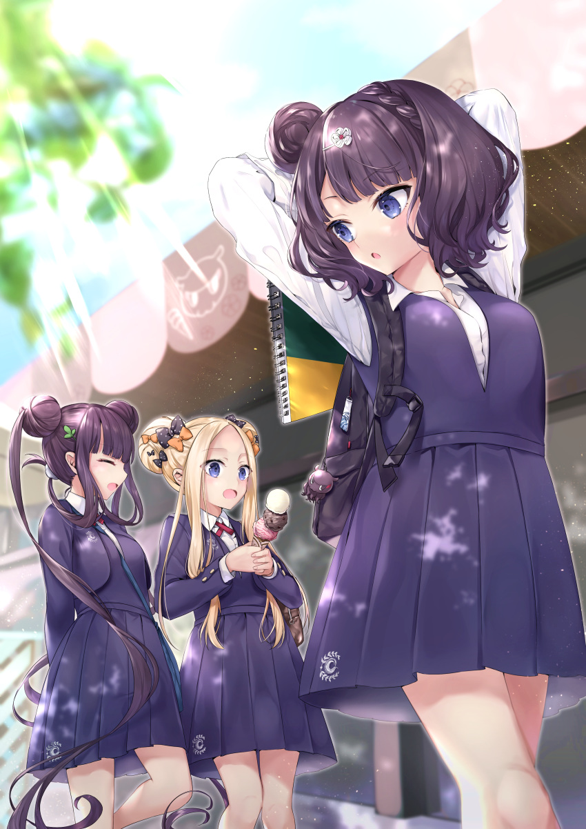 3girls abigail_williams_(fate/grand_order) absurdres backpack bag bangs black_bag black_bow black_hair black_jacket black_shirt black_skirt blonde_hair blue_eyes bow braid breasts commentary_request double_bun eyebrows_visible_through_hair fate/grand_order fate_(series) food hair_bow hair_bun hair_ornament hairclip hane_yuki highres holding huge_filesize ice_cream ice_cream_cone jacket katsushika_hokusai_(fate/grand_order) long_hair long_sleeves medium_breasts medium_hair multiple_girls open_mouth orange_bow outdoors parted_bangs pleated_skirt polka_dot polka_dot_bow shirt skirt tokitarou_(fate/grand_order) very_long_hair white_shirt yang_guifei_(fate/grand_order)