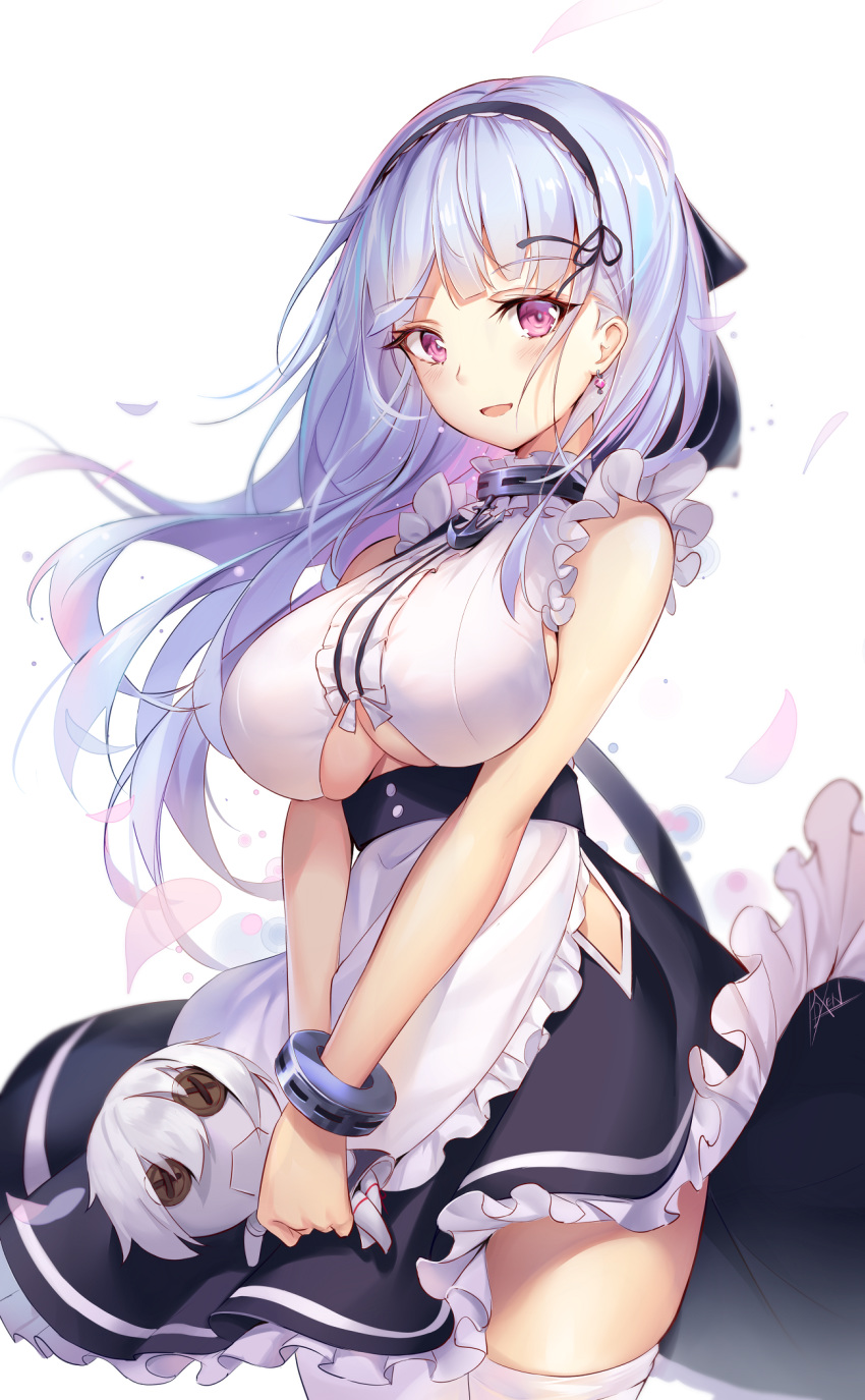 1girl azur_lane bare_shoulders breasts character_doll cowboy_shot dido_(azur_lane) dress earrings frilled_dress frills hairband highres holding jewelry large_breasts long_hair looking_at_viewer open_mouth pdxen petals pink_eyes silver_hair simple_background sleeveless sleeveless_dress smile solo thigh-highs under_boob underboob_cutout v_arms white_background white_legwear zettai_ryouiki