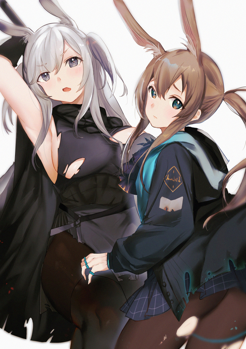 2girls amiya_(arknights) animal_ears arknights arm_up armpits asura_(moepeach) bangs bare_shoulders black_gloves black_jacket black_legwear black_shirt blue_eyes blue_skirt blush breasts brown_hair chinese_commentary commentary_request cowboy_shot eyebrows_visible_through_hair gloves grey_background grey_eyes hair_between_eyes head_tilt highres jacket large_breasts long_hair long_sleeves looking_at_viewer microskirt multiple_girls open_mouth pantyhose pleated_skirt ponytail rabbit_ears savage_(arknights) shirt sidelocks silver_hair simple_background skirt sleeveless sleeveless_shirt standing torn_clothes torn_legwear two_side_up