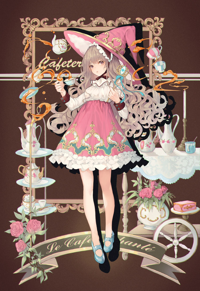 1girl belda34 candle cup flower hat high_heels highres long_hair original rose teacup teapot witch witch_hat