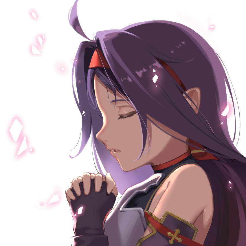 1girl absurdres ahoge black_gloves breastplate closed_eyes detached_sleeves fingerless_gloves gloves hair_intakes hands_clasped headband highres long_hair oekaki_taro own_hands_together parted_lips profile purple_hair red_headband shiny shiny_hair solo sword_art_online upper_body white_background yuuki_(sao)