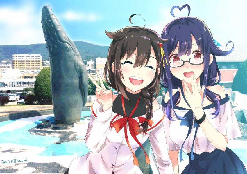 2girls ^_^ ahoge aikawa_ruru alternate_costume bare_shoulders bespectacled black-framed_eyewear black_hair blue_skirt blush braid casual closed_eyes commentary_request facing_viewer glasses hair_flaps hair_ornament hair_over_shoulder highres kantai_collection long_hair looking_at_viewer low_twintails multiple_girls off-shoulder_shirt off_shoulder open_mouth purple_hair red_eyes remodel_(kantai_collection) sasebo shigure_(kantai_collection) shirt single_braid skirt taigei_(kantai_collection) twintails watch watch white_shirt