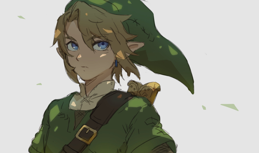 1boy belt blonde_hair blue_eyes brown_belt closed_mouth green_headwear green_shirt hat highres link na_(oagenosuke) scabbard sheath shirt shoulder_belt solo the_legend_of_zelda white_background