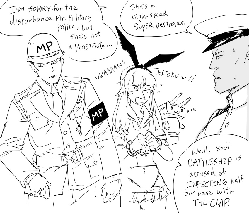 1girl 2boys :3 admiral_(kantai_collection) arrest bb_(baalbuddy) crying cuffs english_text handcuffs highres kantai_collection military_police monochrome multiple_boys rensouhou-chan shimakaze_(kantai_collection) sketch sweatdrop