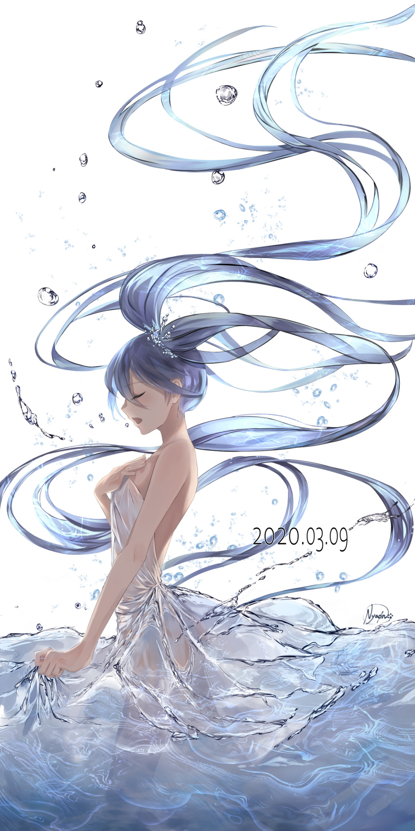 1girl 39 absurdly_long_hair absurdres blue_hair closed_eyes dated dress floating_hair from_side hand_on_own_chest hatsune_miku highres liquid_clothes long_hair nyaon_oekaki open_mouth see-through solo standing strapless strapless_dress twintails very_long_hair vocaloid water water_drop
