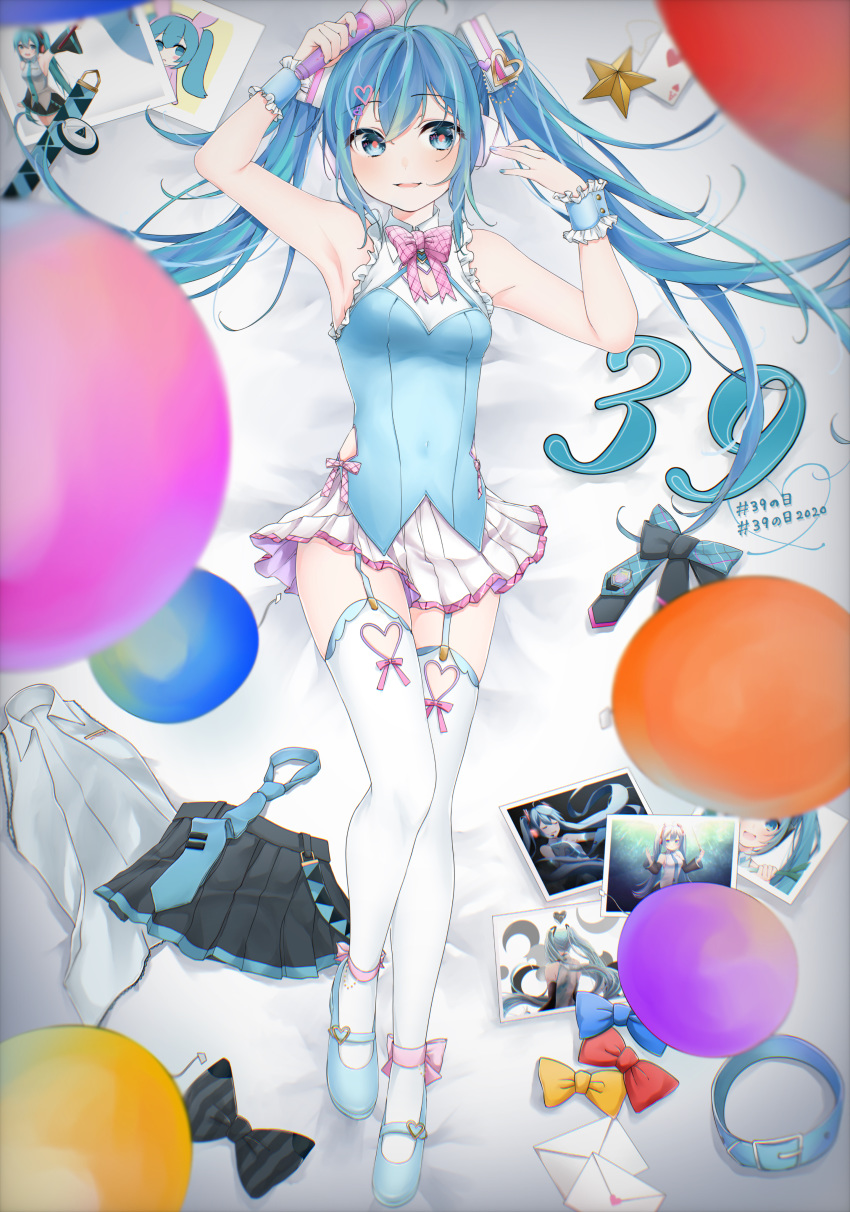 1girl 39 absurdres ahoge armpits blue_eyes blue_footwear blue_hair blue_nails bow bowtie drawing_kanon envelope eyebrows_visible_through_hair full_body garter_straps hair_between_eyes hatsune_miku highres holding holding_microphone long_hair lying mary_janes microphone on_back photo_(object) pleated_skirt shoes skirt skirt_removed solo twintails vocaloid white_legwear