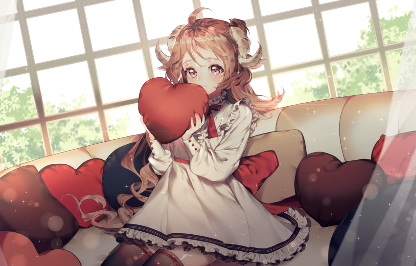 1girl ahoge animal_ears arknights bangs blush bow brown_hair brown_legwear closed_mouth curled_horns curtains dress eyjafjalla_(arknights) frilled_dress frills hands_up heart heart_pillow highres holding holding_pillow horns long_hair long_sleeves looking_at_viewer pillow puffy_long_sleeves puffy_sleeves red_bow red_eyes rimsuk sheep_ears sheep_horns sitting smile solo thigh-highs transparent very_long_hair white_dress window