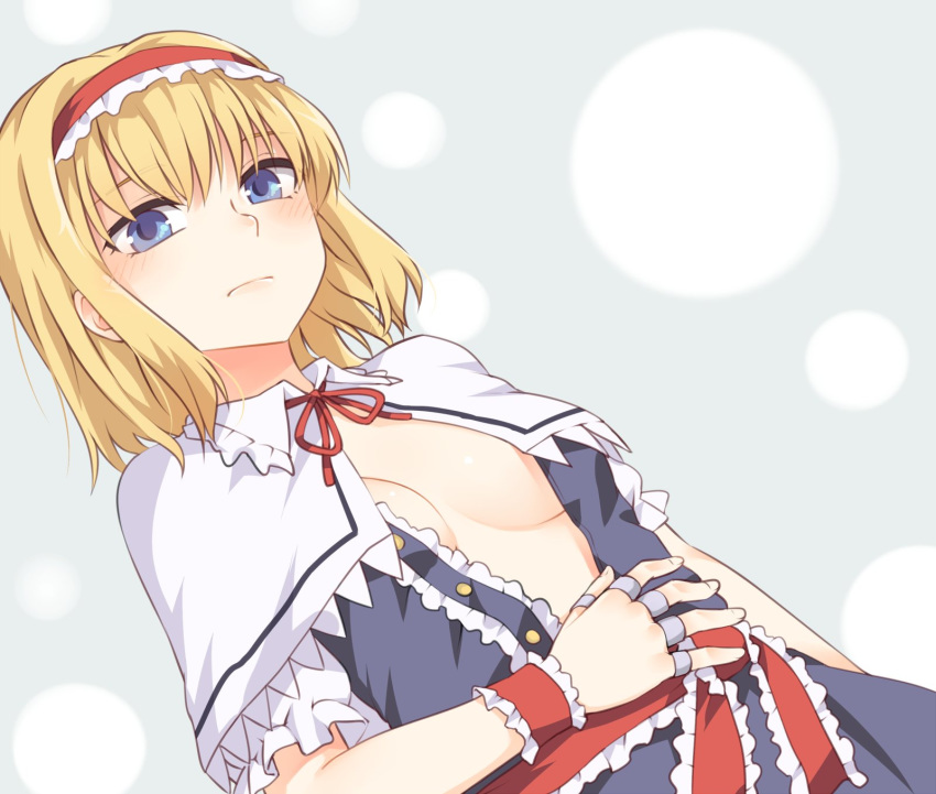 1girl alice_margatroid bangs blonde_hair blue_dress blue_eyes blush breasts capelet commentary_request dress frilled_hairband frills grey_background hairband highres jewelry lolita_hairband looking_at_viewer medium_breasts miyo_(ranthath) neck_ribbon open_clothes open_dress red_hairband red_neckwear red_ribbon red_sash ribbon ring sash short_hair short_sleeves solo touhou upper_body white_capelet wrist_cuffs