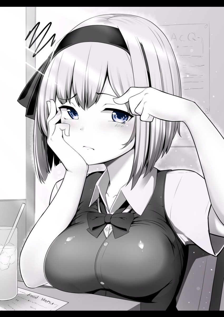 1girl absurdres alternate_breast_size arm_up bangs blue_eyes blush bow bowtie breasts chair closed_mouth collared_shirt commentary_request cup drinking_glass drinking_straw eyebrows_visible_through_hair greyscale hair_ribbon hair_tucking hairband hand_on_own_cheek highres indoors konpaku_youmu medium_breasts monochrome moyashi_baasuto ribbon shirt short_sleeves solo spot_color squiggle table touhou upper_body vest wing_collar