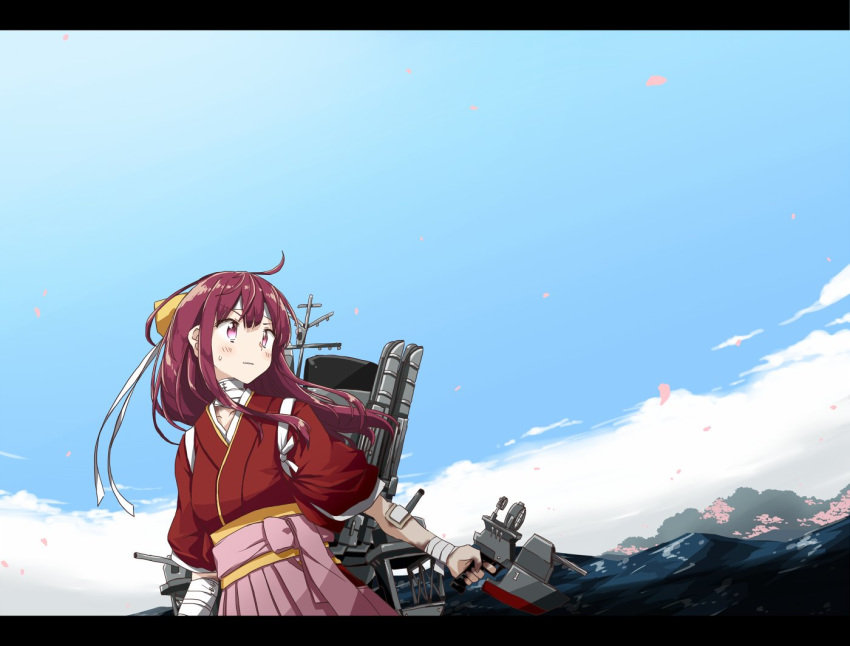 1girl adapted_turret any_(lucky_denver_mint) bandages blue_sky bow cannon clouds commentary_request day hair_bow hakama japanese_clothes kamikaze_(kantai_collection) kantai_collection kimono long_hair looking_to_the_side machinery meiji_schoolgirl_uniform ocean outdoors pink_hakama purple_hair red_kimono sky solo tasuki turret violet_eyes water yellow_bow