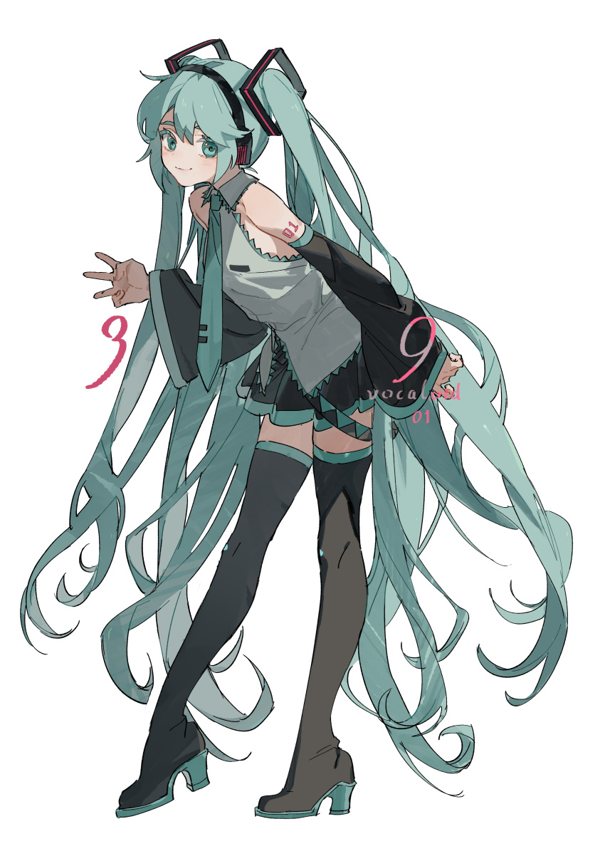 1girl absurdres bangs bare_shoulders black_footwear black_legwear black_skirt black_sleeves blush boots closed_mouth collared_shirt detached_sleeves eyebrows_behind_hair green_eyes green_hair green_neckwear grey_shirt hair_between_eyes hair_ornament hatsune_miku headphones high_heel_boots high_heels highres leaning_forward long_sleeves necktie pleated_skirt shirt simple_background skirt sleeveless sleeveless_shirt smile solo standing thigh-highs thigh_boots tie_clip twintails vocaloid w white_background wide_sleeves zhibuji_loom