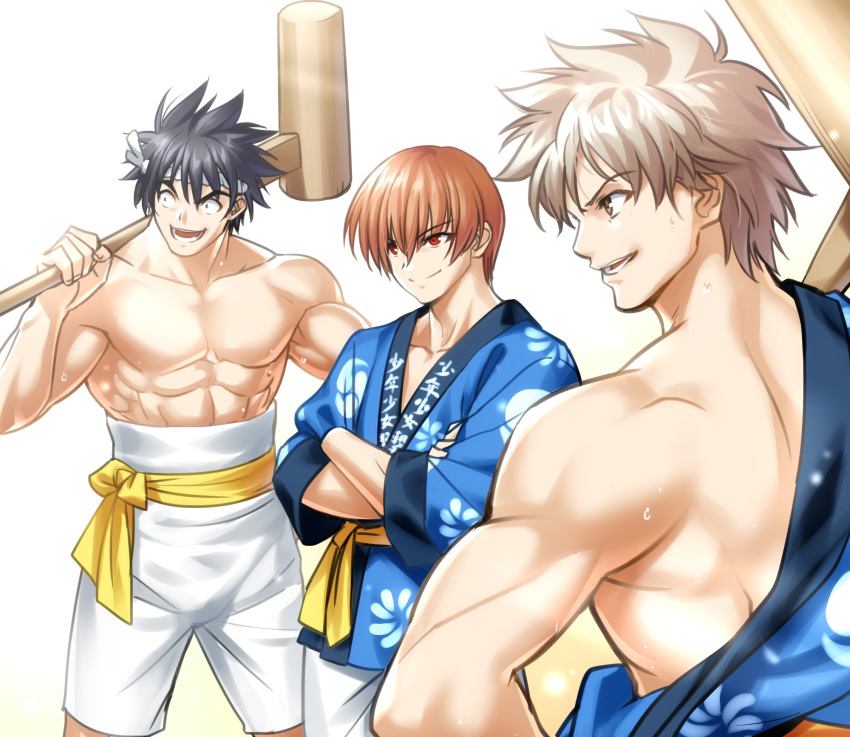 3boys black_hair brown_eyes brown_hair commentary_request cowboy_shot crossed_arms happi headband highres inohara_masato japanese_clothes little_busters!! male_focus miyazawa_kengo multiple_boys muscle natsume_kyousuke red_eyes sash shorts silver_hair simple_background spiky_hair white_background white_shorts zen