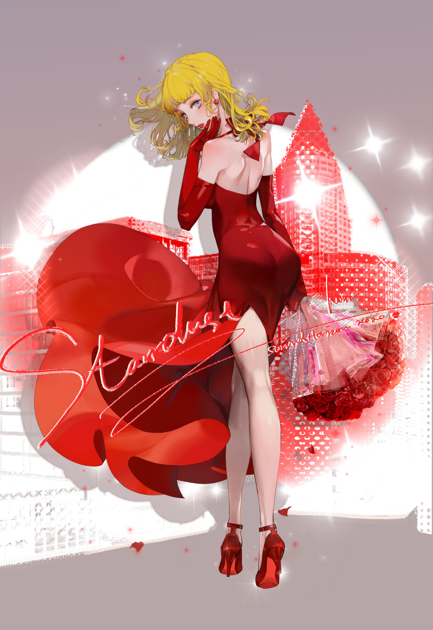 1girl absurdres blonde_hair blue_eyes bouquet dress earrings flower gloves halterneck hand_on_own_face high_heels highres holding jewelry kneepits lipstick makeup mary_janes noir_(ibaraki) petals red_dress red_flower red_footwear red_gloves rose shoes sound_horizon