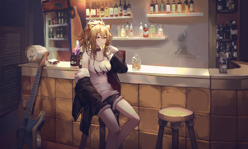 1girl alcohol animal_ear_fluff animal_ears arknights bangs bar beer_keg black_jacket black_shorts bottle breasts brown_eyes brown_hair commentary cup drinking_glass electric_guitar english_commentary eyebrows_visible_through_hair fur-trimmed_jacket fur-trimmed_shorts fur_trim guitar hair_between_eyes high_ponytail highres holding holding_cup instrument jacket lion_ears long_sleeves looking_at_viewer medium_breasts open_clothes open_jacket ponytail short_shorts shorts shot_glass siege_(arknights) sitting solo stool tank_top white_tank_top zain_(jiha3905)