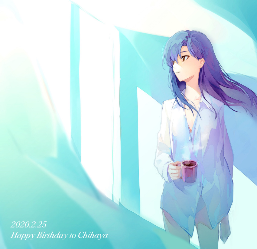 1girl 2020 bangs blue_hair bottomless brown_eyes canon_(aria) character_name collarbone collared_shirt cowboy_shot cup dated floating_hair hair_between_eyes happy_birthday highres holding holding_cup idolmaster idolmaster_(classic) kisaragi_chihaya long_hair long_sleeves looking_to_the_side naked_shirt parted_lips shirt solo standing white_shirt wing_collar