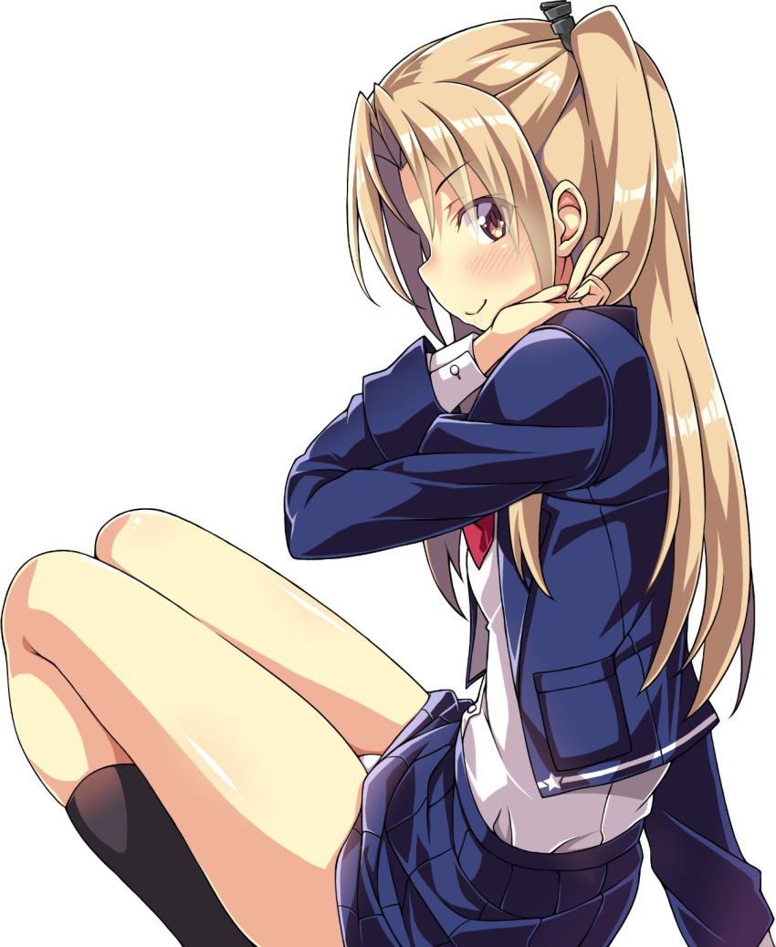 1girl alternate_costume azur_lane black_legwear blazer blonde_hair blue_jacket blue_skirt cleveland_(azur_lane) commentary_request dress_shirt eyebrows_visible_through_hair from_side hair_intakes highres jacket kneehighs long_hair long_sleeves looking_at_viewer looking_to_the_side macaroni_hourensou one_side_up open_clothes open_jacket panties pantyshot pantyshot_(sitting) pleated_skirt red_eyes shirt simple_background sitting skirt smile solo underwear white_background white_panties white_shirt