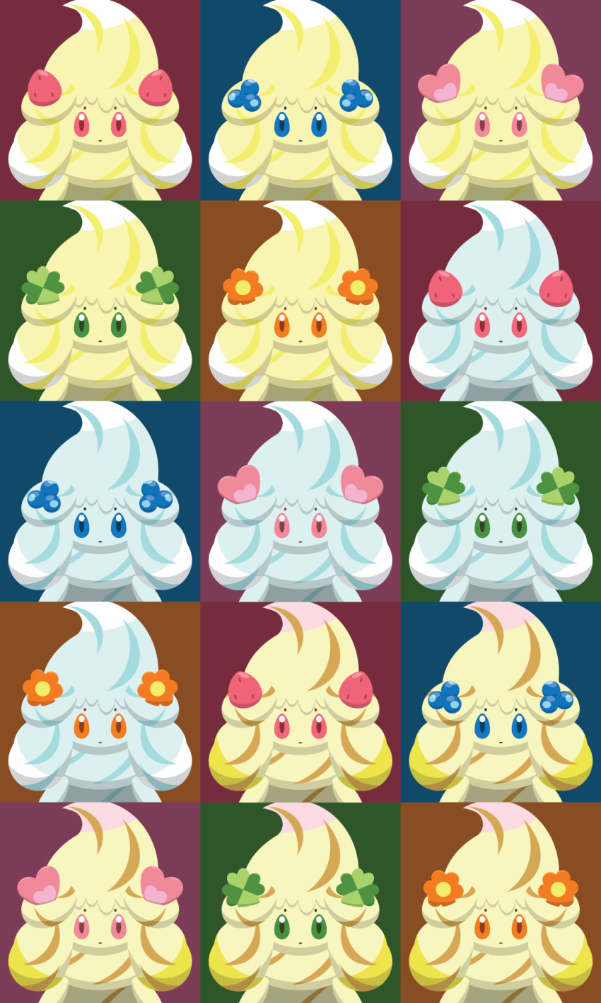 alcremie blue_eyes creature expressionless face flower food fruit gen_8_pokemon green_eyes heart highres looking_at_viewer multicolored multicolored_background no_humans orange_eyes pink_eyes pokemon pokemon_(creature) shawn_flowers strawberry