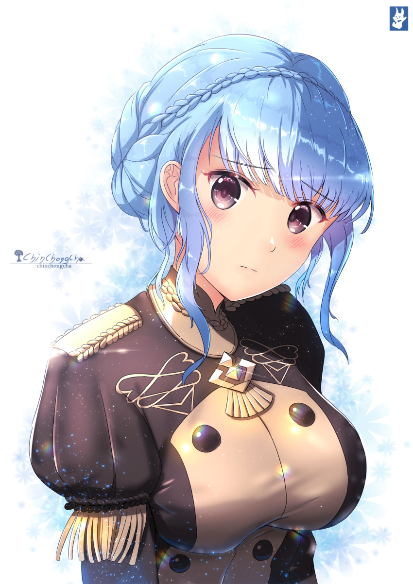 1girl artist_name black_eyes blue_hair blush braid breasts buttons chinchongcha closed_mouth commentary crown_braid epaulettes eyebrows_visible_through_hair fire_emblem fire_emblem:_three_houses fire_emblem:_three_houses fire_emblem_16 garreg_mach_monastery_uniform hair_between_eyes highres intelligent_systems large_breasts long_sleeves looking_at_viewer marianne_von_edmund moe nintendo sad short_hair solo uniform