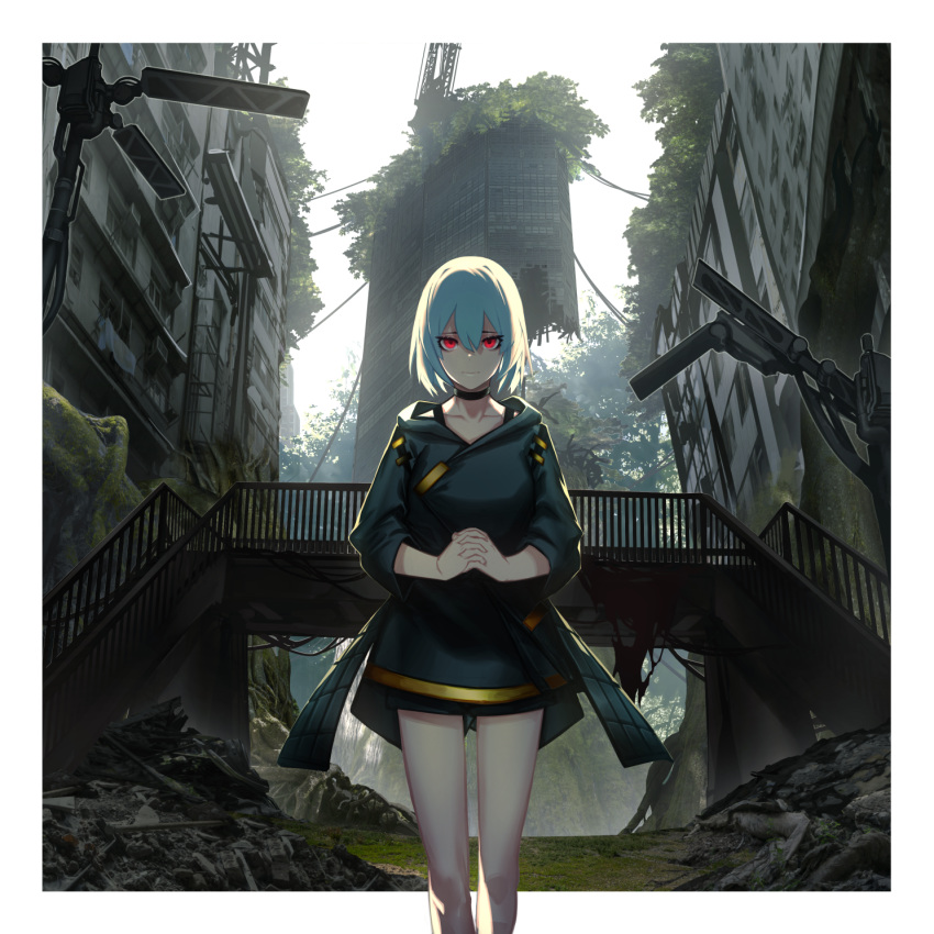 1girl bangs black_choker black_jacket black_shirt black_shorts breasts building choker collarbone commentary_request copyright_request day fixro2n grey_hair hair_between_eyes hands_together highres interlocked_fingers jacket looking_at_viewer official_art outdoors overgrown own_hands_together railing red_eyes ruins shirt short_shorts shorts skyscraper small_breasts solo stairs standing