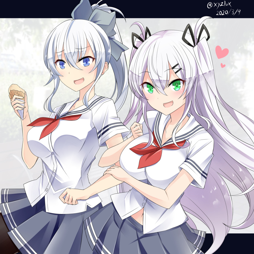 2girls bangs black_ribbon black_skirt blue_eyes blush breasts commentary_request dated dress_shirt eyebrows_visible_through_hair food green_eyes hair_between_eyes hair_ornament hair_ribbon hairclip hand_up heart hebitsukai-san high_ponytail highres holding holding_food ice_cream ice_cream_cone large_breasts locked_arms long_hair medium_breasts multiple_girls navel neckerchief original pleated_skirt ponytail red_neckwear ribbon sailor_collar school_uniform serafuku shirt short_sleeves silver_hair skirt twitter_username very_long_hair white_sailor_collar white_shirt