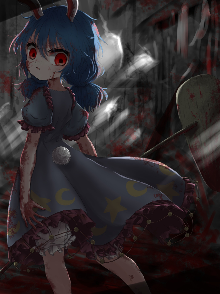 1girl ambiguous_red_liquid animal_ears arms_at_sides bloomers blue_dress blue_hair bunny_tail commentary_request crazy_eyes crescent_print dark_room dilapidated dress empty_eyes feet_out_of_frame furrowed_eyebrows highres holding_mallet indoors kayon_(touzoku) kine light_rays looking_at_viewer looking_back low_twintails parted_lips puffy_short_sleeves puffy_sleeves rabbit_ears red_eyes seiran_(touhou) short_hair short_sleeves solo splatter stained_clothes standing star star_print sunbeam sunlight tail touhou twintails underwear wide-eyed