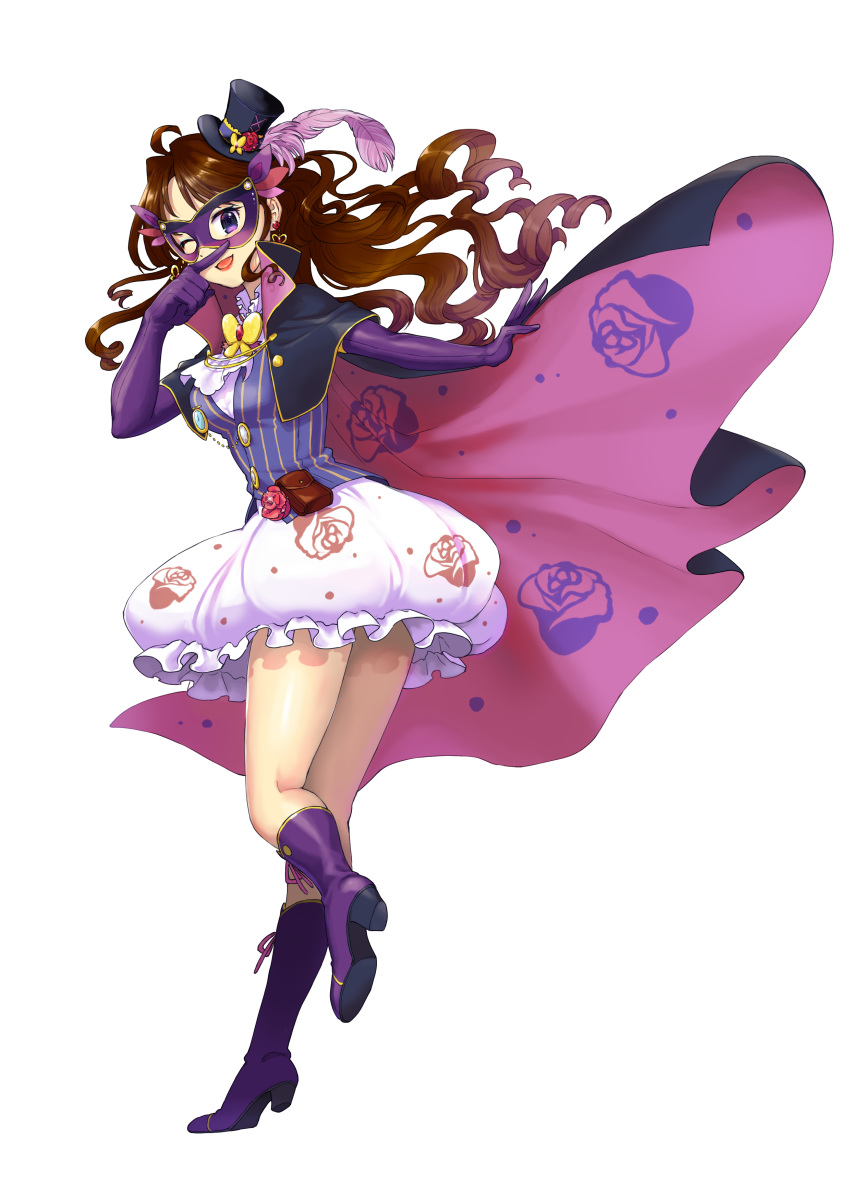1girl ;) absurdres boots brown_hair curly_hair elbow_gloves gloves highres long_hair mask one_eye_closed original sahara1127 smile thigh-highs thigh_boots violet_eyes