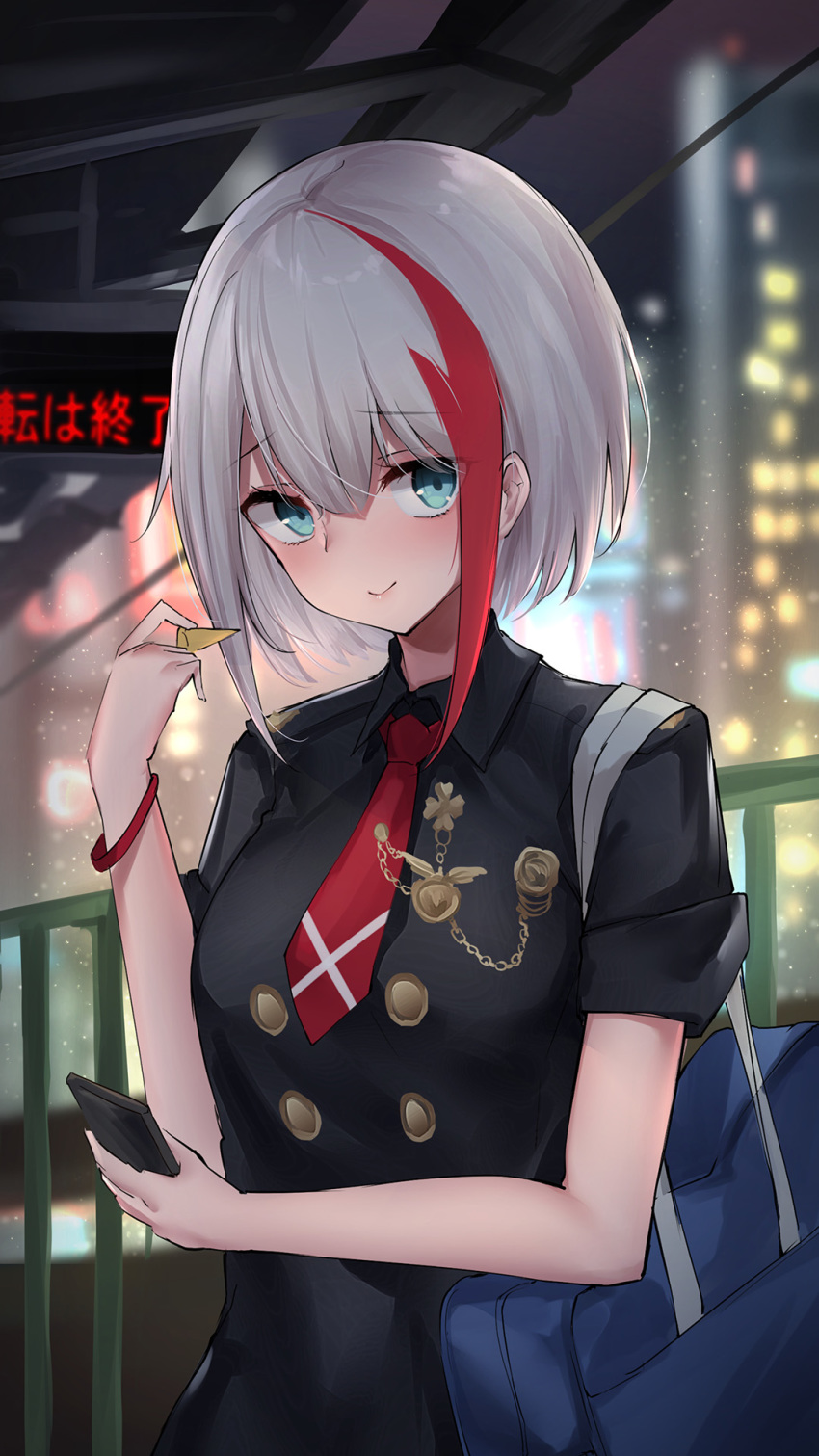 1girl admiral_graf_spee_(azur_lane) admiral_graf_spee_(maiden's_sunday)_(azur_lane) azur_lane bag black_dress blue_eyes blurry collared_dress commentary_request depth_of_field dress hand_up highres looking_at_viewer multicolored_hair necktie night oshishio outdoors railing school_bag short_hair short_necktie short_sleeves silver_hair smile solo streaked_hair upper_body