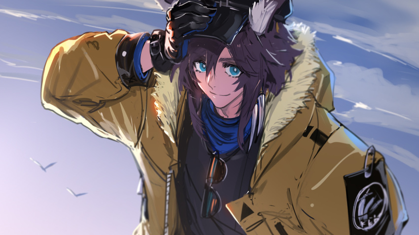 1boy animal_ears arknights bird birthday black_hair blue_eyes clouds commentary courier_(arknights) eyewear_hang eyewear_removed fur_trim hair_between_eyes hat highres jacket looking_at_viewer male_focus ryuuzaki_ichi scarf smile solo sunglasses