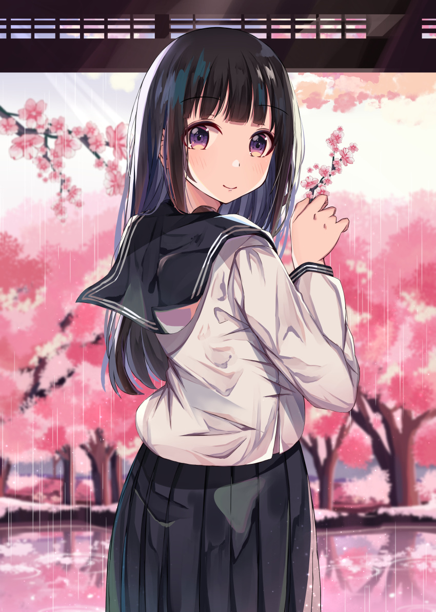 1girl absurdres bangs black_hair black_sailor_collar black_skirt blurry blurry_background blush branch chitanda_eru closed_mouth commentary_request depth_of_field eyebrows_visible_through_hair flower hand_up highres holding holding_branch hyouka long_hair long_sleeves norazura pink_flower pleated_skirt rain ripples sailor_collar school_uniform serafuku shirt skirt smile solo tree very_long_hair violet_eyes water white_shirt