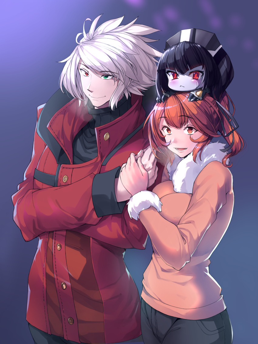 1boy 1girl blazblue bonkiru breasts brown_hair brown_jacket celica_a_mercury coat green_eyes hair_ribbon highres holding_hands jacket light md5_mismatch minerva_(blazblue) open_mouth outdoors ponytail ragna_the_bloodedge red_eyes red_jacket ribbon smile white_hair winter_clothes winter_coat