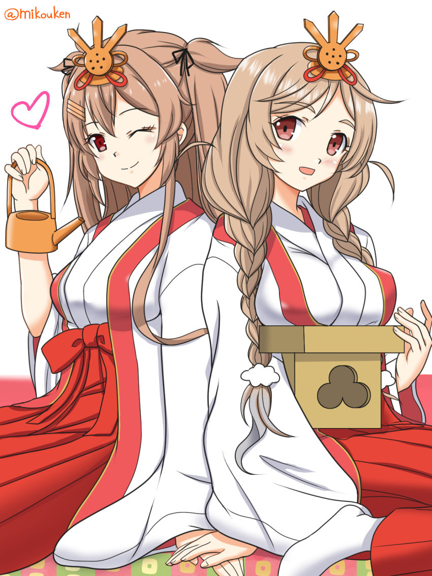 2girls :d ;) alternate_costume black_ribbon braid breasts brown_eyes cloud_hair_ornament hair_flaps hair_ornament hair_ribbon hairclip highres hinamatsuri japanese_clothes kantai_collection kutsugen_kanna_(mikouken) large_breasts light_brown_hair long_hair looking_at_viewer minegumo_(kantai_collection) multiple_girls murasame_(kantai_collection) no_shoes one_eye_closed open_mouth remodel_(kantai_collection) ribbon sitting smile twin_braids twitter_username two_side_up white_legwear