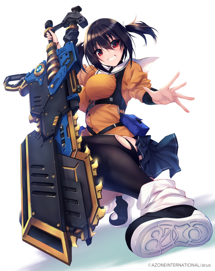 :d assault_lily black_hair breasts commentary commentary_request fukai_ryousuke grin highres holding holding_sword holding_weapon huge_weapon low_twintails medium_breasts miniskirt open_mouth pleated_skirt red_eyes school_uniform skindentation skirt smile sword thigh-highs twintails weapon