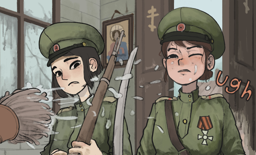 2girls absurdres black_hair bolt_action brown_hair christianity commentary english_commentary english_text gun hat highres medal military military_hat military_uniform mosin-nagant multiple_girls one_eye_closed original orthodox_cross rifle russia russian_empire saber_(weapon) short_hair spraying sword uniform water weapon whdgus2078