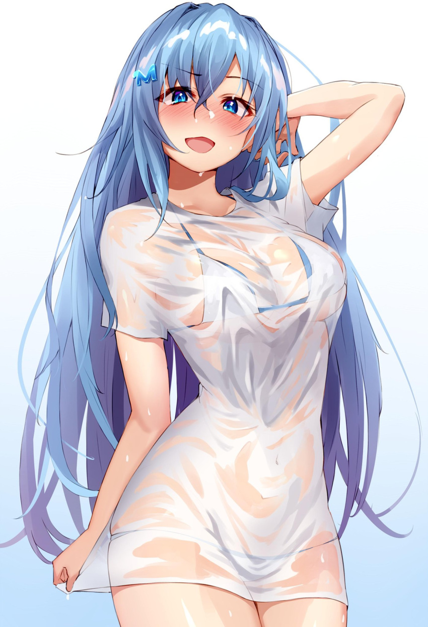 1girl arm_behind_head arm_up bangs bikini bikini_under_clothes blue_eyes blue_hair blush breasts emori_miku emori_miku_project gradient gradient_background hair_between_eyes hair_ornament hairclip highres large_breasts long_hair looking_at_viewer open_mouth see-through shirt shunichi smile solo swimsuit thighs wet wet_clothes wet_shirt white_background white_bikini white_shirt