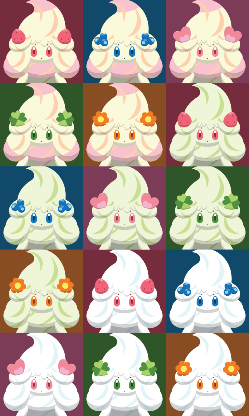 alcremie blue_eyes creature expressionless face flower food fruit gen_8_pokemon green_eyes heart highres looking_at_viewer multicolored multicolored_background no_humans orange_eyes pink_eyes pokemon pokemon_(creature) shawn_flowers strawberry