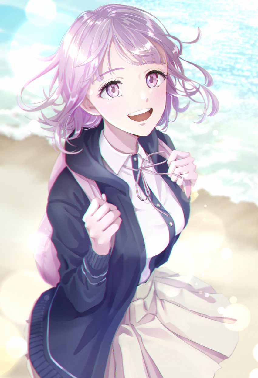 1girl absurdres backpack bag bangs beach beige_skirt black_jacket breasts cat_bag commentary_request dangan_ronpa flipped_hair from_above hair_ornament highres hinashi hood hooded_jacket hoodie jacket large_breasts long_sleeves looking_at_viewer nanami_chiaki open_mouth outdoors pink_eyes pink_hair pink_ribbon ribbon shirt short_hair skirt smile solo super_dangan_ronpa_2 upper_teeth white_shirt