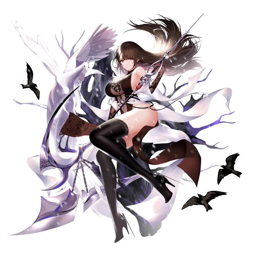 1girl absurdres animal axe bare_shoulders bird black_dress black_footwear boots breasts brown_gloves brown_hair china_dress chinese_clothes commentary_request dress elbow_gloves floating_hair full_body gloves higandgk high_heel_boots high_heels highres holding holding_weapon large_breasts long_hair looking_at_viewer off_shoulder original pelvic_curtain polearm red_eyes simple_background sleeveless sleeveless_dress solo thigh-highs thighs weapon white_background