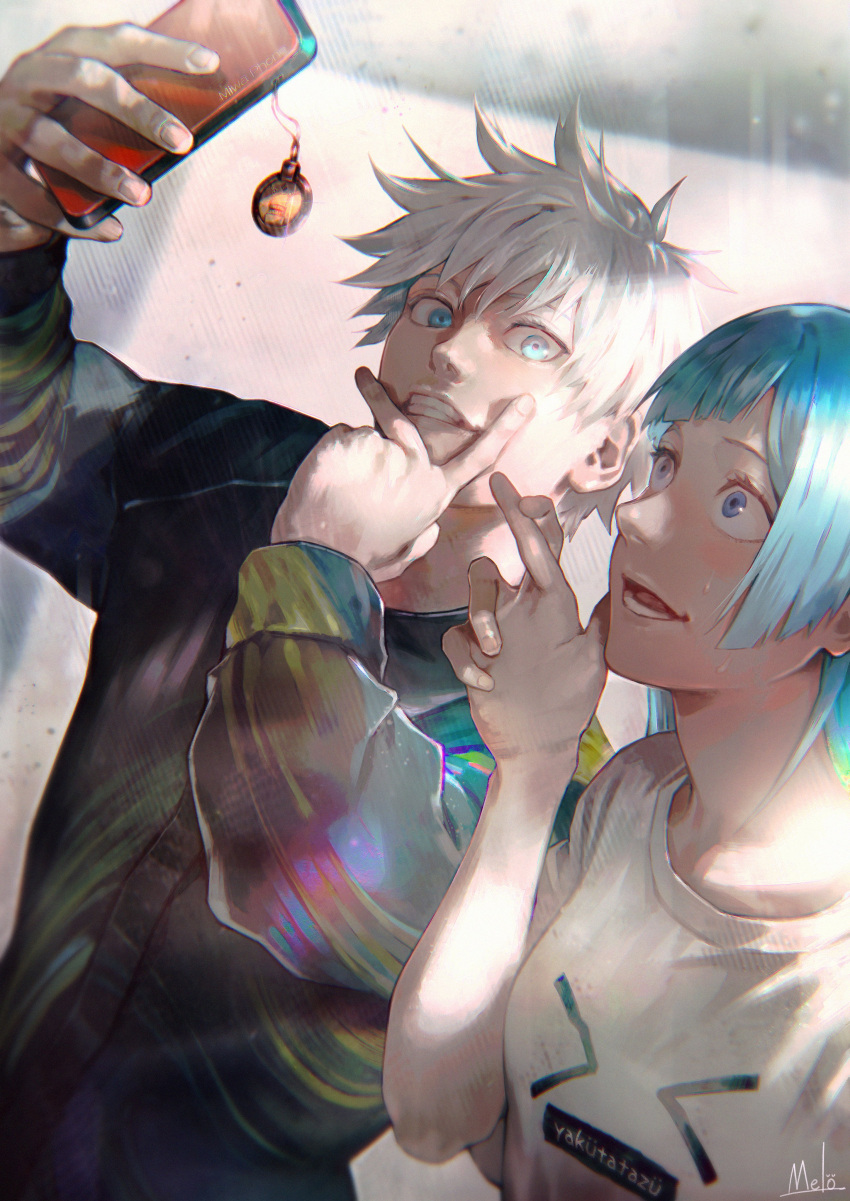 1boy 1girl absurdres black_jacket blue_eyes blue_hair blurry blurry_background blush cellphone crossed_fingers glint gojou_satoru hand_up highres holding holding_phone jacket jujutsu_kaisen keychain kyuuba_melo leaning_to_the_side long_hair long_sleeves looking_at_phone looking_at_viewer looking_to_the_side miwa_kasumi open_mouth outstretched_arm phone print_shirt selfie shirt short_hair short_sleeves smartphone smile sweatdrop teeth upper_body v v_over_mouth white_hair white_shirt wide-eyed