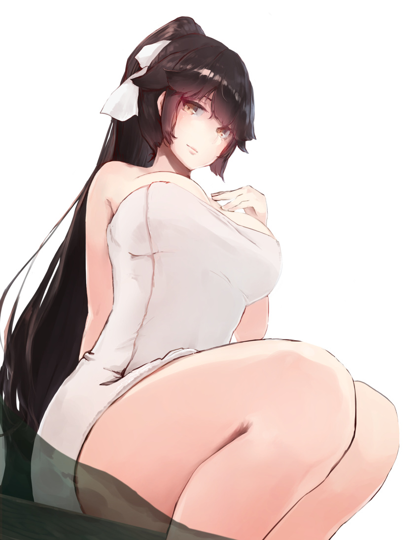 1girl absurdres animal_ears azur_lane black_hair blush bow breasts brown_eyes chikin_tamago hair_bow highres large_breasts long_hair looking_at_viewer naked_towel ponytail solo takao_(azur_lane) towel very_long_hair white_bow
