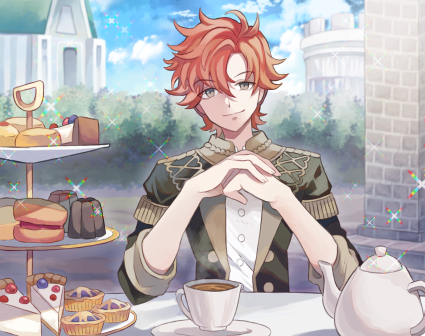 1boy brown_eyes cake clouds cookie cup epaulettes fire_emblem fire_emblem:_three_houses food garreg_mach_monastery_uniform highres kazuru_wa leaf orange_hair sitting sky solo sparkle sylvain_jose_gautier teacup teapot