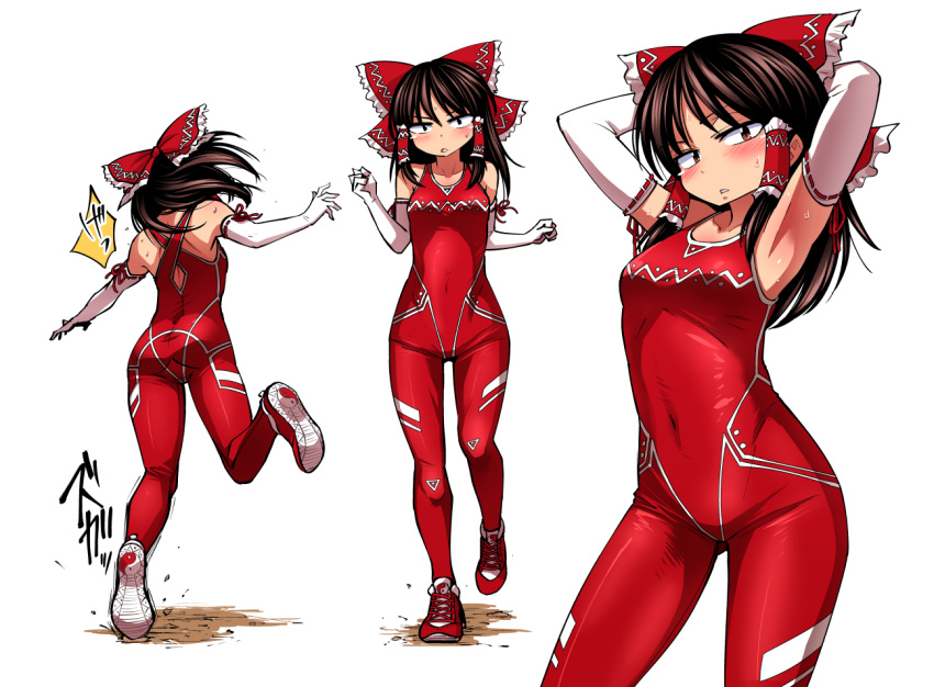 1girl adapted_costume armpits bodysuit bow brown_eyes commentary_request covered_navel elbow_gloves from_behind gloves hair_bow hakurei_reimu looking_at_viewer multiple_views red_bow shimizu_pem shoe_soles shoes sneakers solo touhou translated tripping v-shaped_eyebrows white_background