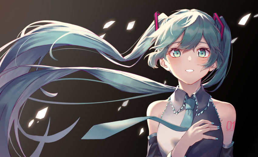 1girl absurdres aqua_hair arl bare_shoulders blush commentary_request dark_background detached_sleeves green_neckwear hair_between_eyes hair_ornament hatsune_miku highres long_hair looking_at_viewer necktie number parted_lips simple_background solo twintails very_long_hair vocaloid