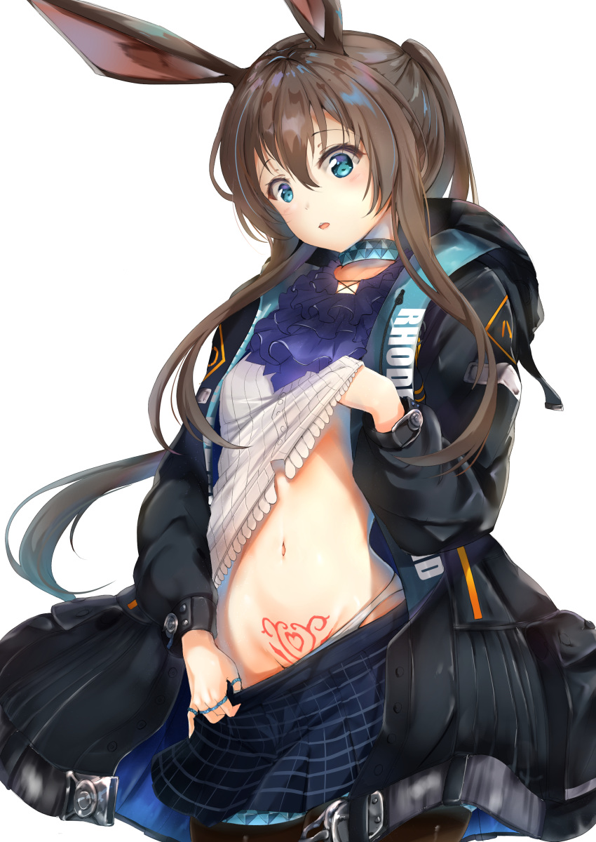 1girl absurdres amiya_(arknights) animal_ears arknights bangs black_jacket blue_eyes blue_neckwear blue_skirt blush brown_hair commentary cowboy_shot eyebrows_visible_through_hair hair_between_eyes heart heart_tattoo highres jacket jewelry kanon_(kanon_kanon0770) lifted_by_self long_hair long_sleeves midriff miniskirt navel neck_ring open_clothes open_jacket panties panty_tug parted_lips plaid plaid_skirt pubic_tattoo rabbit_ears ring shirt shirt_lift sidelocks simple_background skirt skirt_tug solo standing stomach tattoo underwear white_background white_panties white_shirt