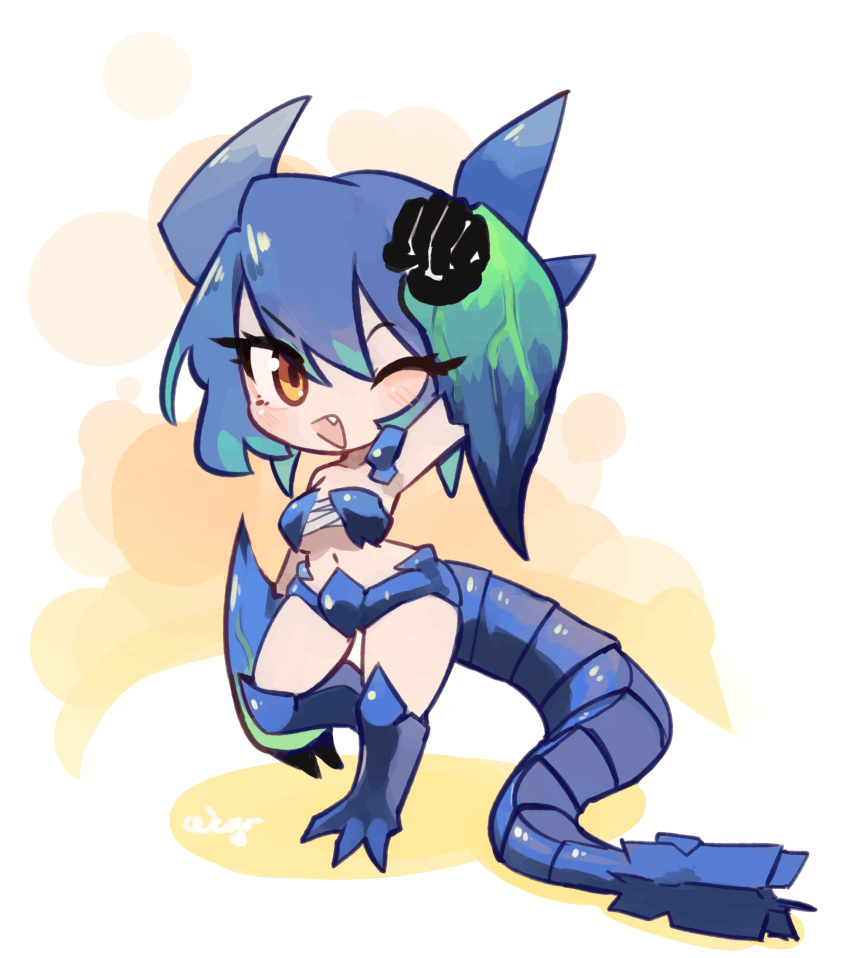 1girl blue_hair brachydios ceroblitz commission dragon_girl dragon_horns dragon_tail highres horns midriff monster_hunter navel personification tail yellow_eyes