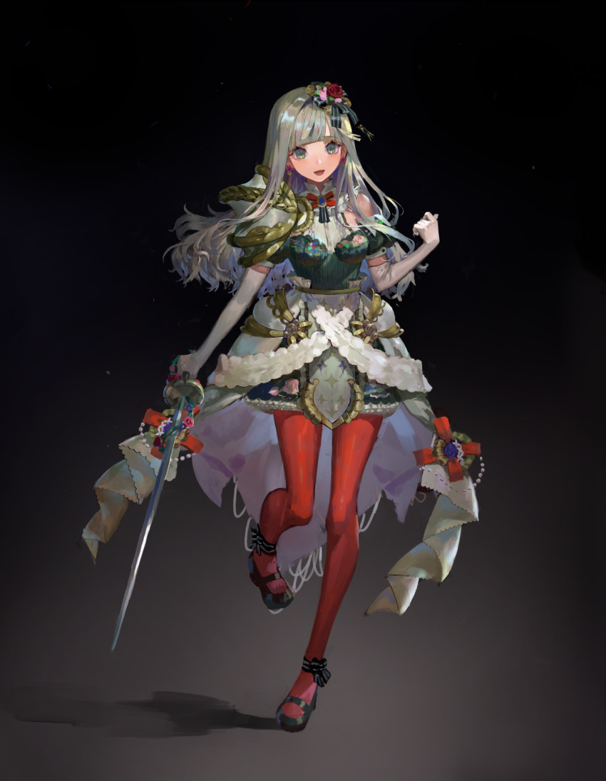 1girl armor black_footwear bow detached_sleeves dress earrings gloves grey_eyes hair_ornament highres holding holding_sword holding_weapon jewelry long_hair ogimotozukin open_mouth original pauldrons red_legwear silver_hair smile solo sword weapon white_gloves
