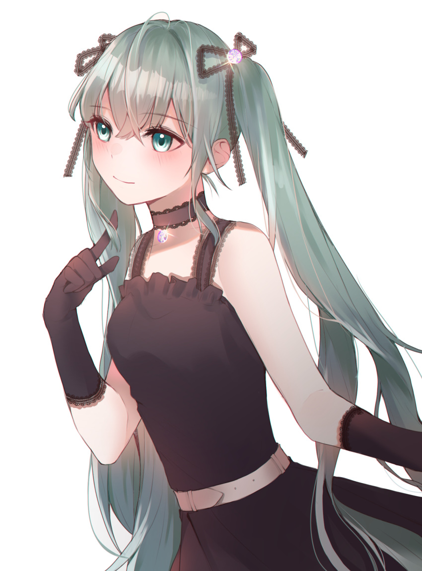 1girl aqua_hair bangs belt black_dress black_gloves black_ribbon breasts closed_mouth cs86400 dress eyebrows_visible_through_hair floating_hair gloves green_eyes hair_between_eyes hair_ribbon hair_twirling hatsune_miku highres jewelry long_hair necklace ribbon shiny shiny_hair simple_background sleeveless sleeveless_dress small_breasts smile solo sparkle standing twintails very_long_hair vocaloid white_background white_belt